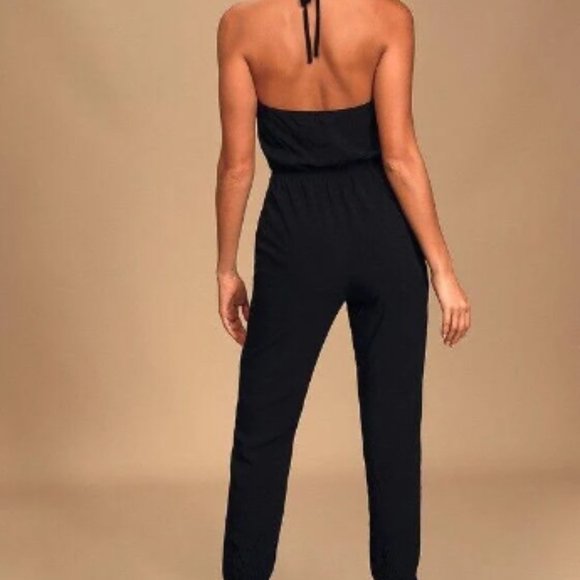 Black Lulus Halter Cinched Waist Jumpsuit - Picture 4 of 9